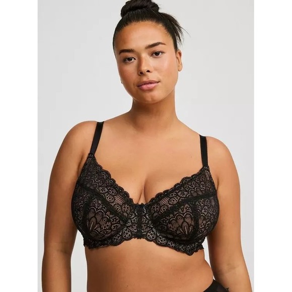 torrid Other - Torrid Unlined Full Coverage Bra Womens 40C Black Lace Beige Mesh Underwire NEW